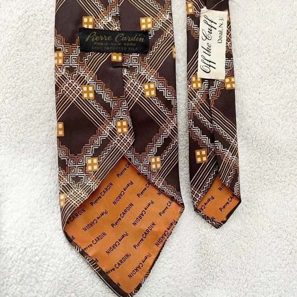 Vintage Pierre Cardin Men’s Brown Plaid Geometric Retro Silk Tie - Picture 6 of 6